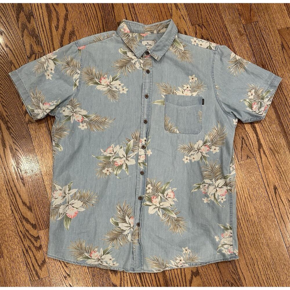 Rip Curl Men’s XL Hawaiian Floral Button Up Shirt Blue Chambray Short Sleeve
